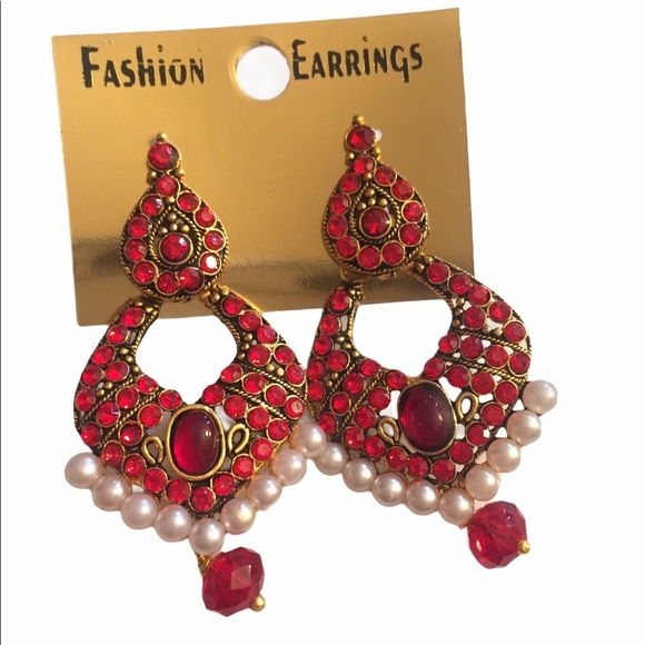 Mahero Jewelry - NWT Red CZ Costume Earrings  Red Ethnic Indian Earrings Faux Pearls